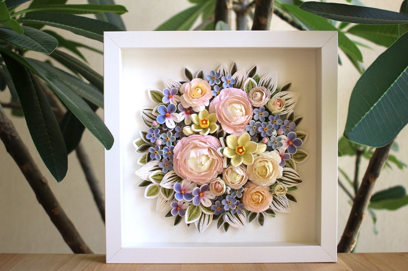 3D Paper Quilling Flowers Wall Decor Flower Arrangement with Summer Flowers Peony, Forget-me-not, Daffodils, Violets Gift for Her image 9