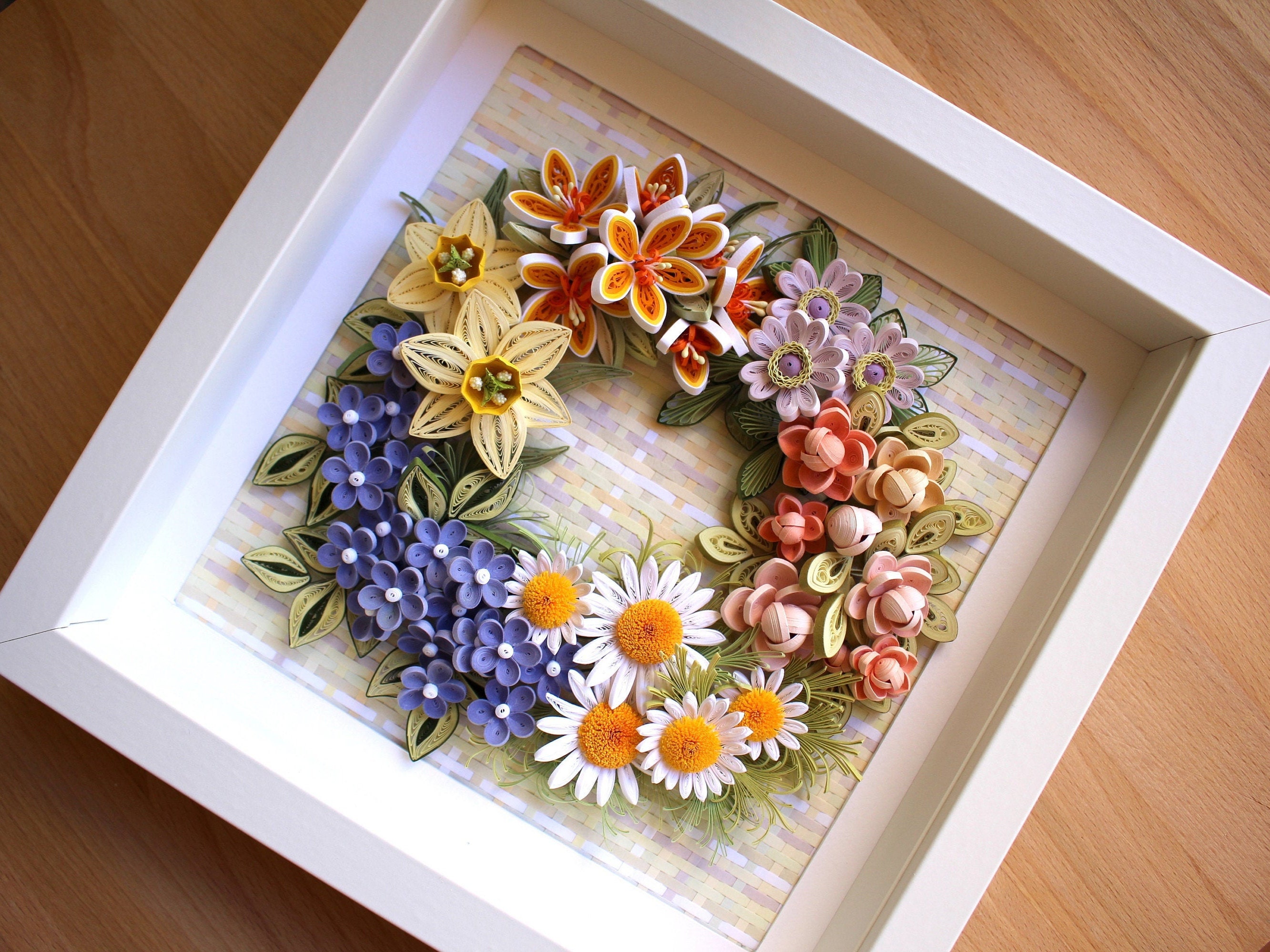 3D Paper Quilling Flowers Wreath Framed Wall Art Daffodils