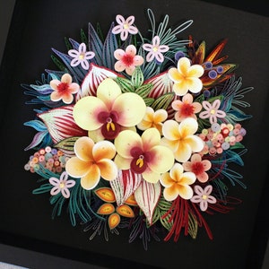 Original 3D Paper Quilling Home Decor Picture Tropical Wall Decor with Orchids and Plumeria on black Botanical Wall Art Gift for Her image 2