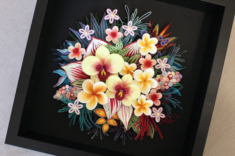 Original 3D Paper Quilling Home Decor Picture Tropical Wall Decor with Orchids and Plumeria on black Botanical Wall Art Gift for Her image 2