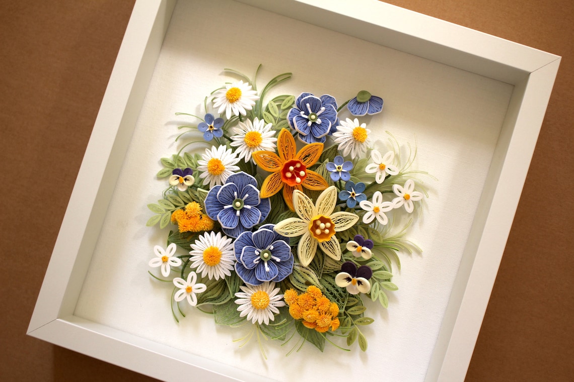 3D Paper Quilling Spring Flowers Daffodils Blue Flax and Chamomile