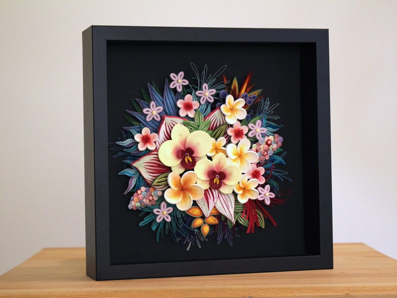 Original 3D Paper Quilling Home Decor Picture Tropical Wall Decor with Orchids and Plumeria on black Botanical Wall Art Gift for Her image 9