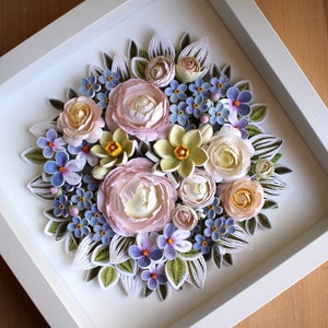 3D Paper Quilling Flowers Wall Decor Flower Arrangement with Summer Flowers Peony, Forget-me-not, Daffodils, Violets Gift for Her image 4