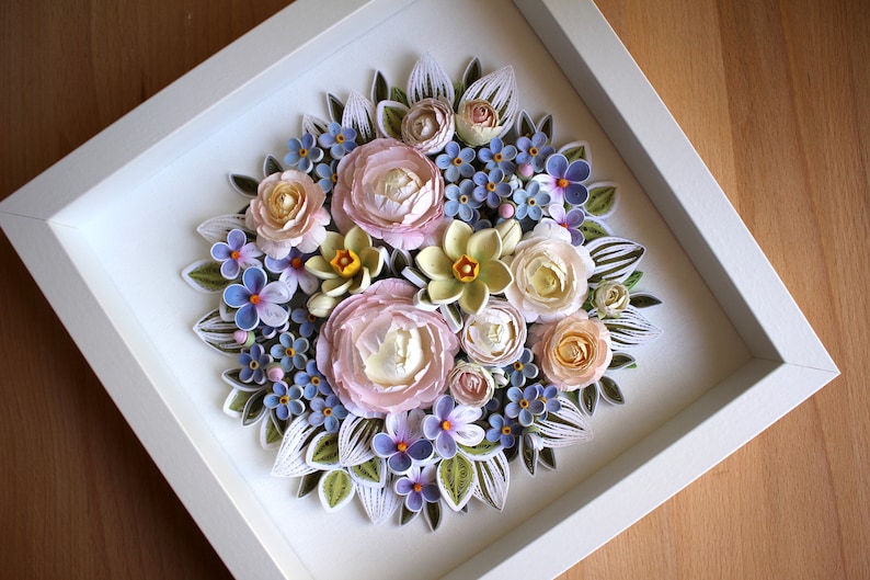 3D Paper Quilling Flowers Wall Decor Flower Arrangement with Summer Flowers Peony, Forget-me-not, Daffodils, Violets Gift for Her image 4