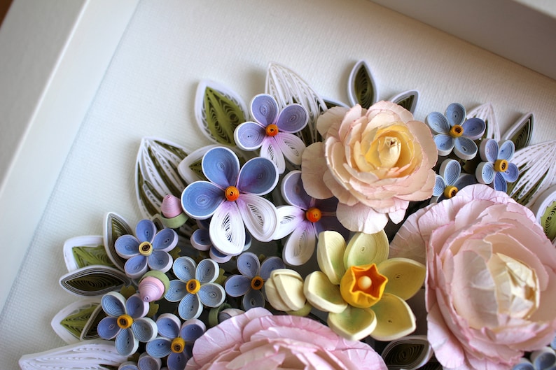 3D Paper Quilling Flowers Wall Decor Flower Arrangement with Summer Flowers Peony, Forget-me-not, Daffodils, Violets Gift for Her image 7