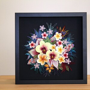 Original 3D Paper Quilling Home Decor Picture Tropical Wall Decor with Orchids and Plumeria on black Botanical Wall Art Gift for Her image 10