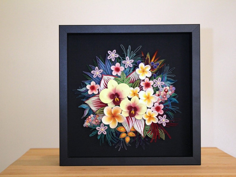 Original 3D Paper Quilling Home Decor Picture Tropical Wall Decor with Orchids and Plumeria on black Botanical Wall Art Gift for Her image 10