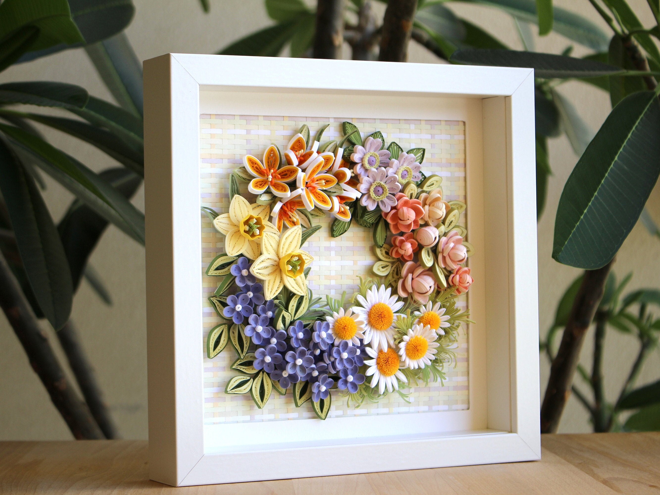 3D Paper Quilling Flowers Wreath Framed Wall Art Daffodils