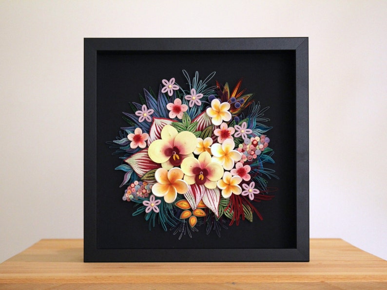 Original 3D Paper Quilling Home Decor Picture Tropical Wall Decor with Orchids and Plumeria on black Botanical Wall Art Gift for Her image 3