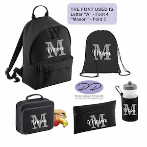 BLACK - Personalised Back to School Set, Custom Name Back Pack for Kids Boys Girls, Backpack, Water Bottle, Pencil Case, Lunch Bag, PE