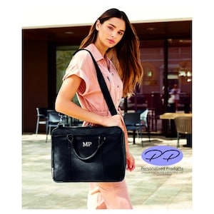 Sac pour ordinateur portable en cuir personnalisé avec sangle et poignées porte-documents imprimé avec initiales