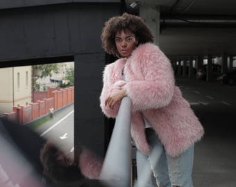 Faux fur coat with hood France Exclusive faux fur by Tissavel Princess fur coat Blush pink coat Faux fur coat Powder pink quartz coat