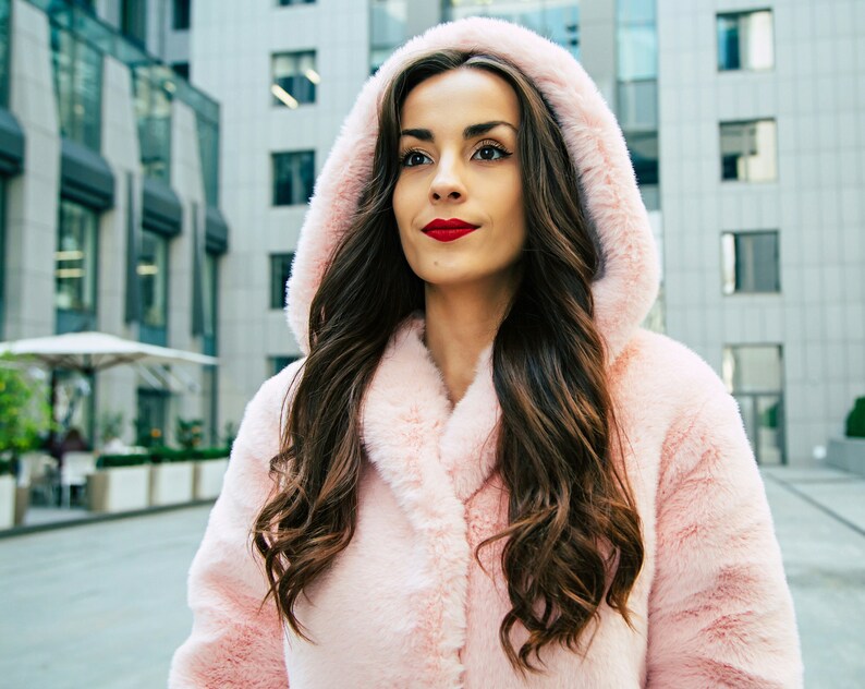 Faux fur coat with hood France Exclusive faux fur by Tissavel Princess fur coat Blush pink coat Faux fur coat Powder pink quartz coat