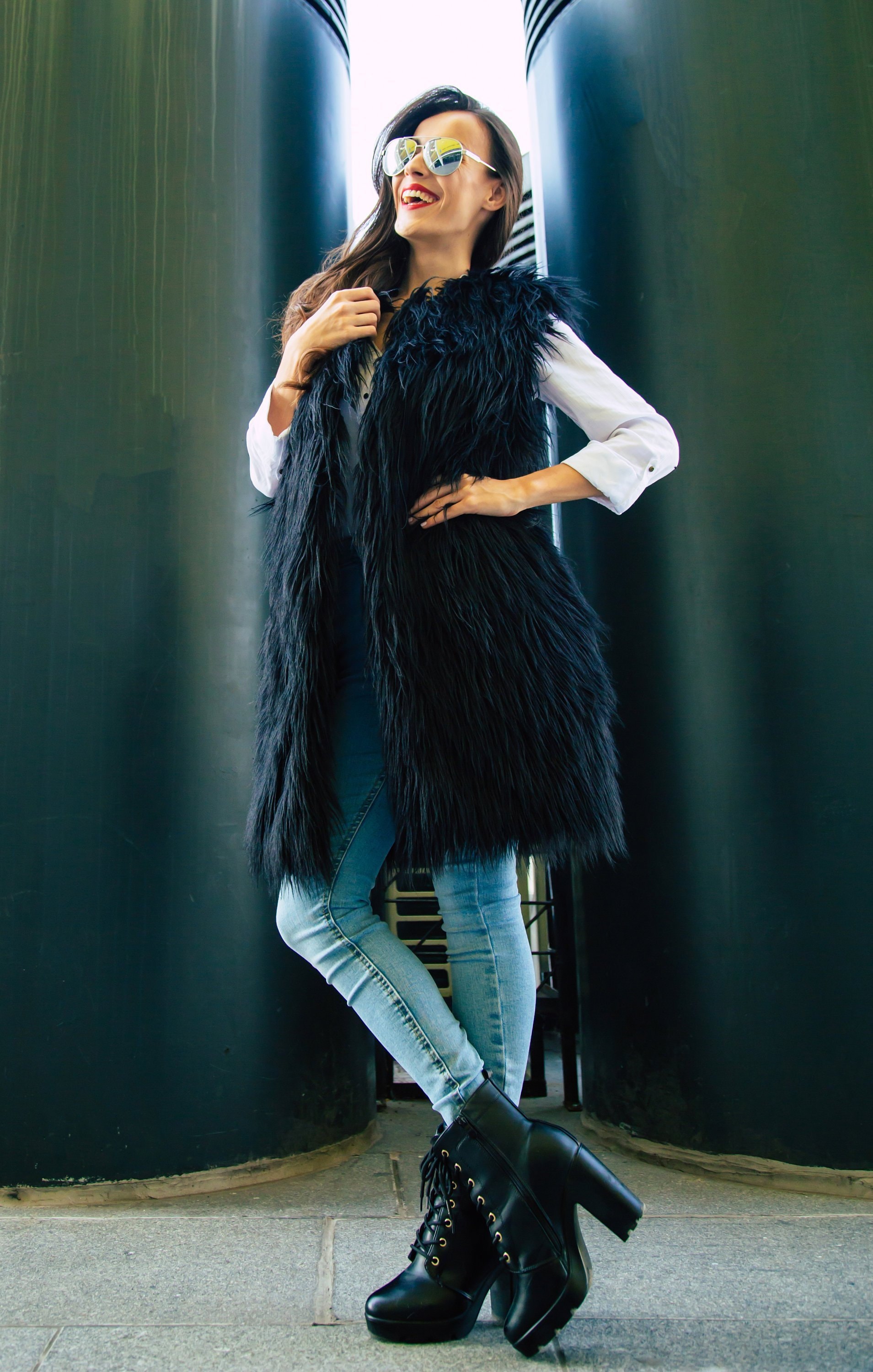 black fluffy vest
