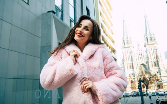 Faux fur coat with hood France Exclusive faux fur by Tissavel Princess fur coat Blush pink coat Faux fur coat Powder pink quartz coat