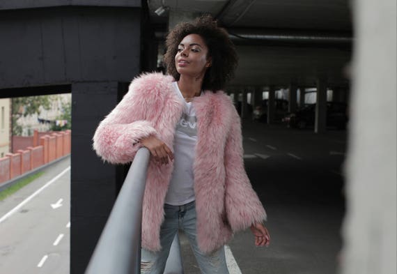 Faux fur coat with hood France Exclusive faux fur by Tissavel Princess fur coat Blush pink coat Faux fur coat Powder pink quartz coat