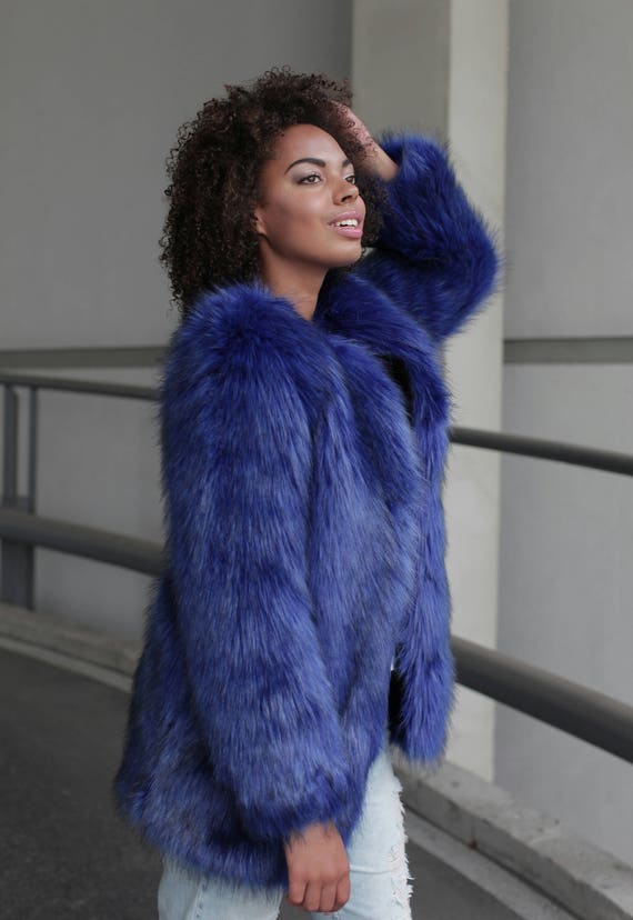 blue faux fur jacket