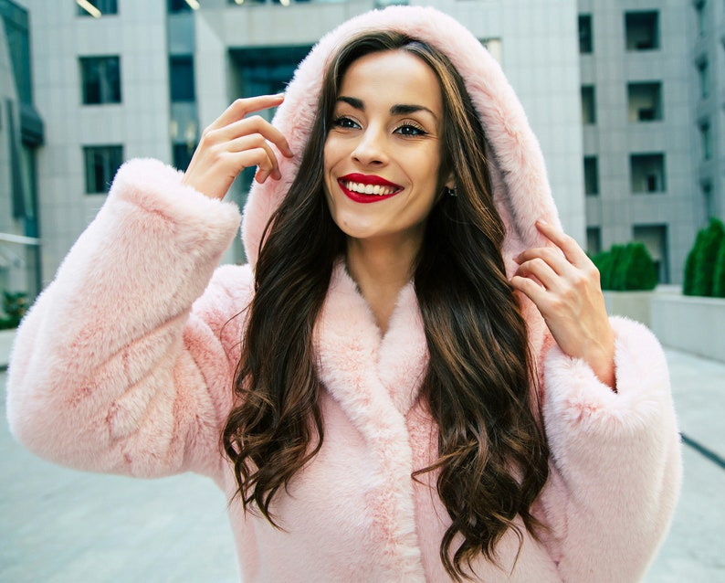 Faux fur coat with hood France Exclusive faux fur by Tissavel Princess fur coat Blush pink coat Faux fur coat Powder pink quartz coat