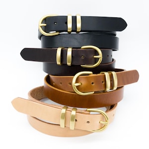 Western Full Grain Leather Belt for Women, 1" wide, Solid Brass Gold Buckle, Waist Belt