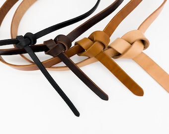 Skinny Leather Tie Belt for Women, Knot Waist Belt for Dresses, No Buckle Wrap Belt, Full Grain Vegetable Tanned Leather