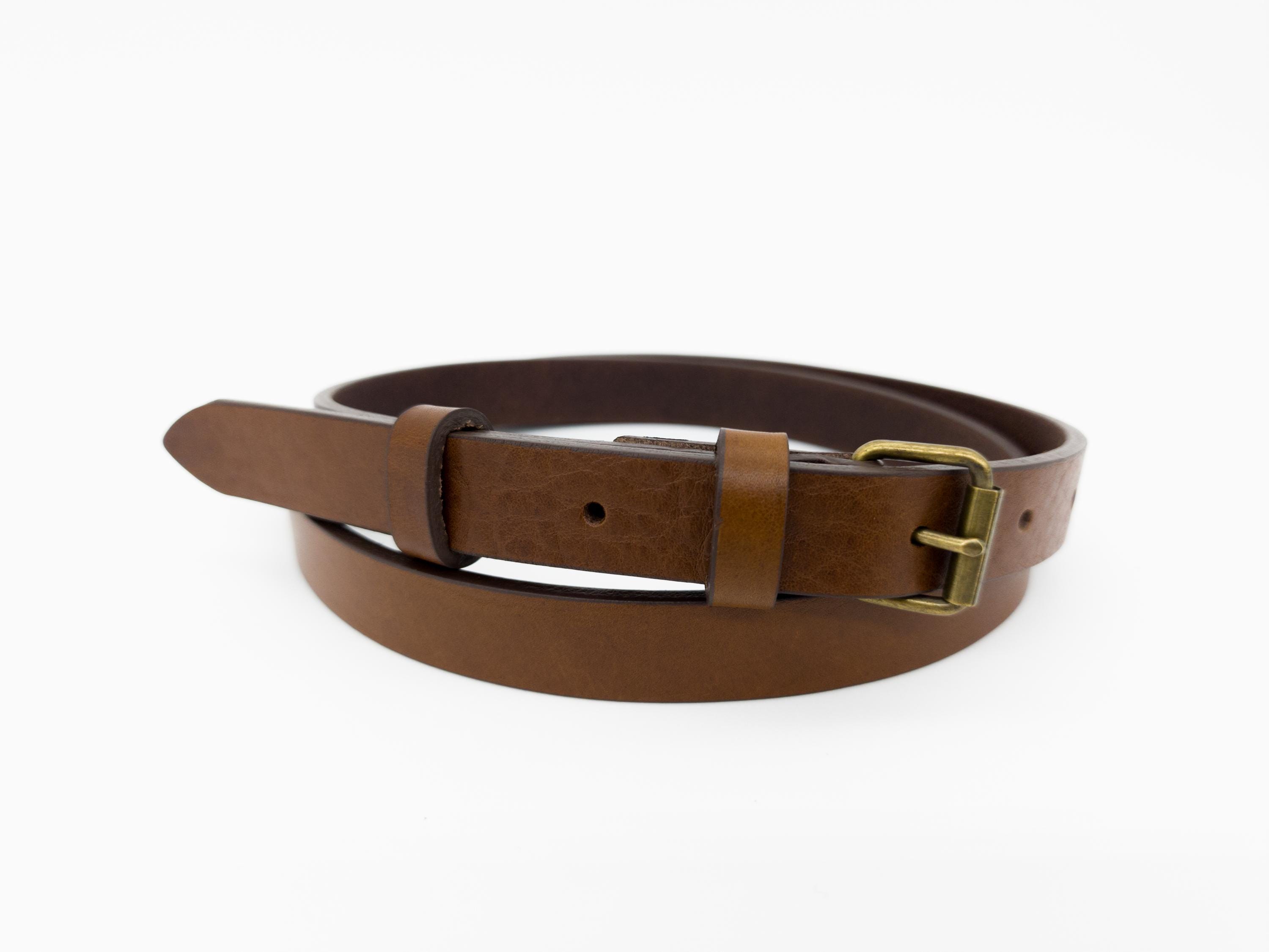 Women’s skinny Brown Leather Belt embossed with solid brass buckle Size M Women main image 2