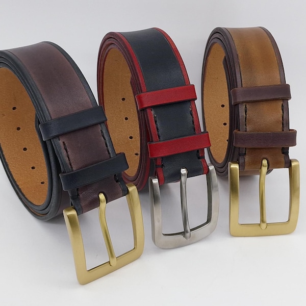 Men's Full Grain Leather Belt 1.5" Wide, Hand Painted Edges, Classic Buckle