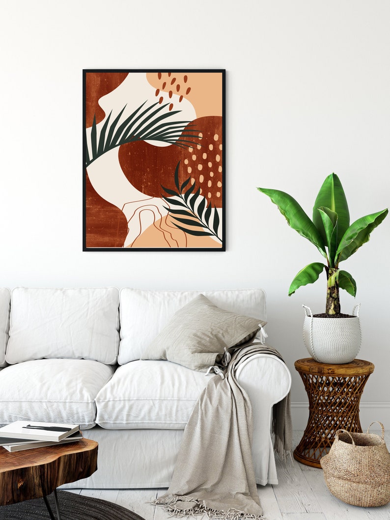 Set of 3 mid century modern art Abstract botanical leaves printable wall art terracotta art Burnt orange Boho decor Minimalist art leafs art
