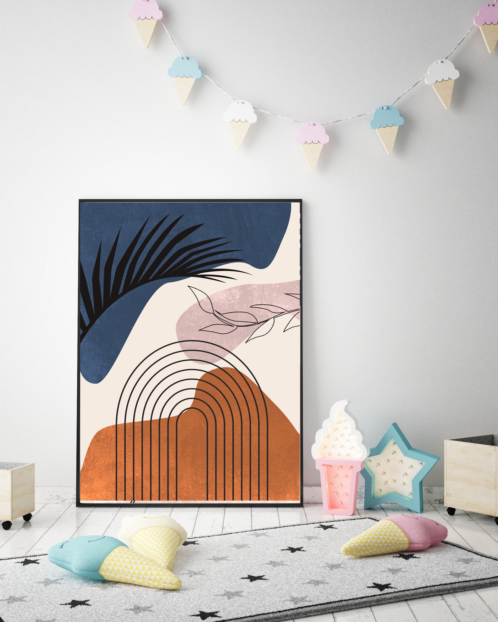 Set of 3 Mid Century Modern Boho Wall Art Abstract Leaves Etsy