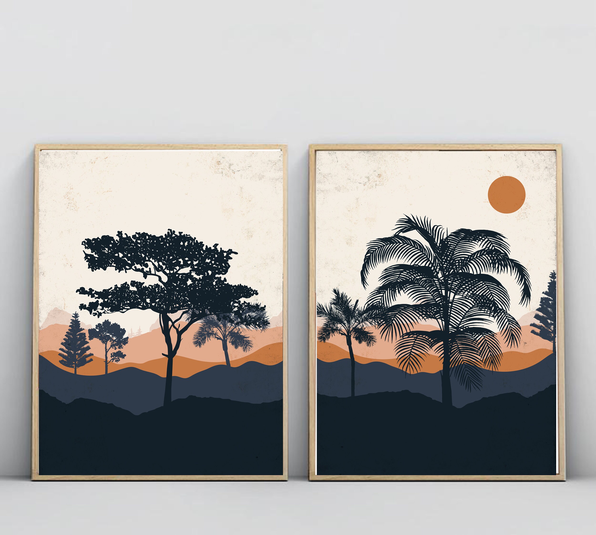 Set of 2 Abstract landscape Sun art Geometric printable wall Etsy