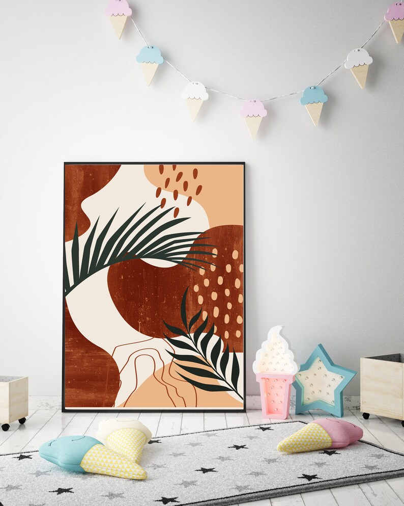 Set of 3 mid century modern art Abstract botanical leaves printable wall art terracotta art Burnt orange Boho decor Minimalist art leafs art
