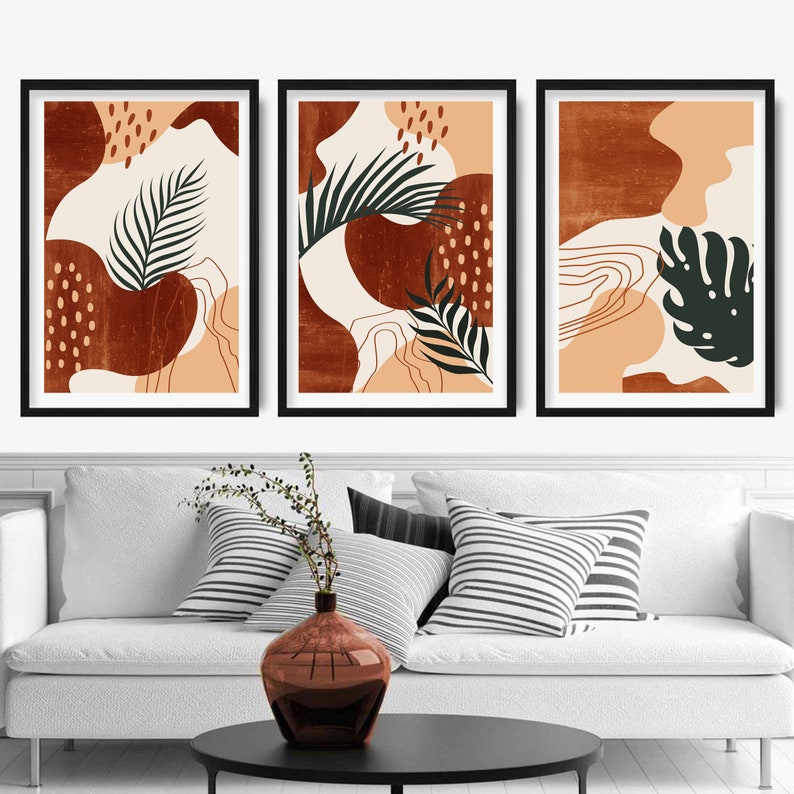 Set of 3 mid century modern art Abstract botanical leaves printable wall art terracotta art Burnt orange Boho decor Minimalist art leafs art