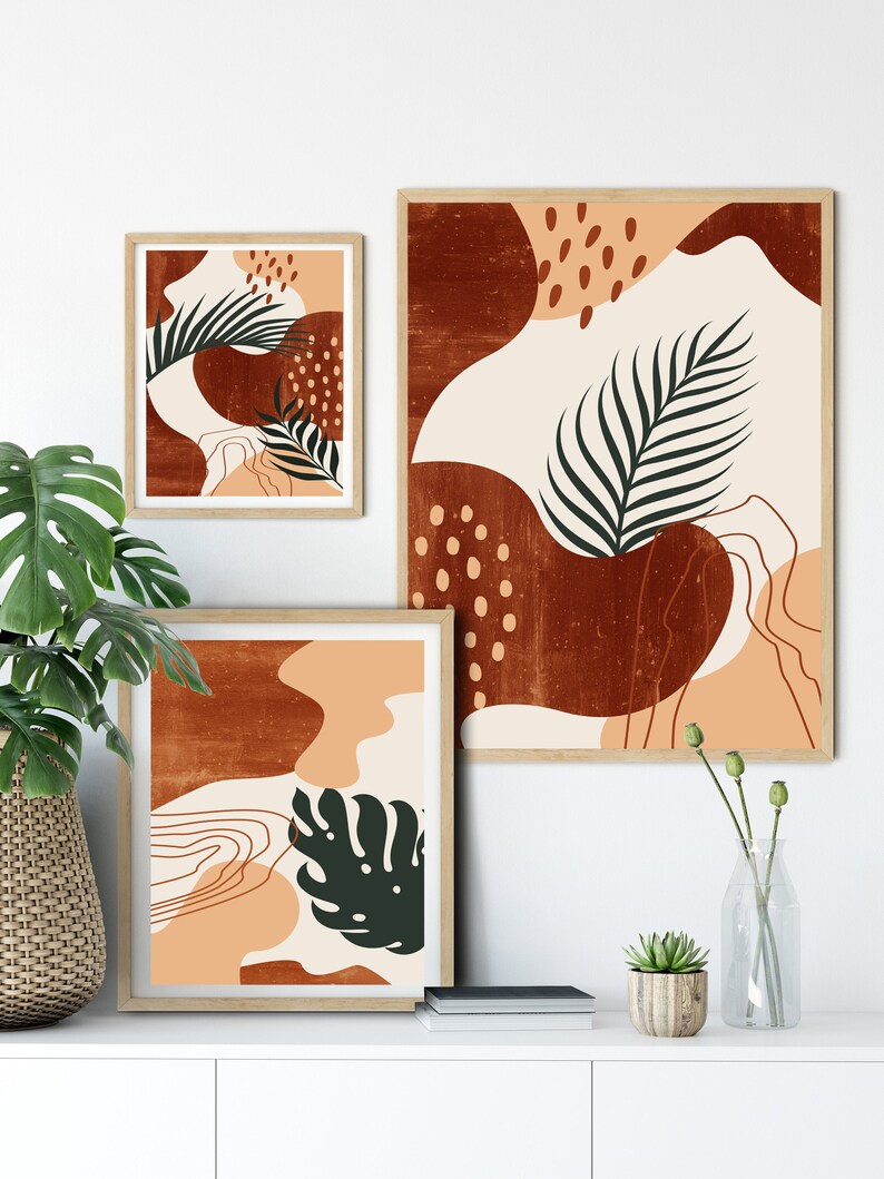 Set of 3 mid century modern art Abstract botanical leaves printable wall art terracotta art Burnt orange Boho decor Minimalist art leafs art