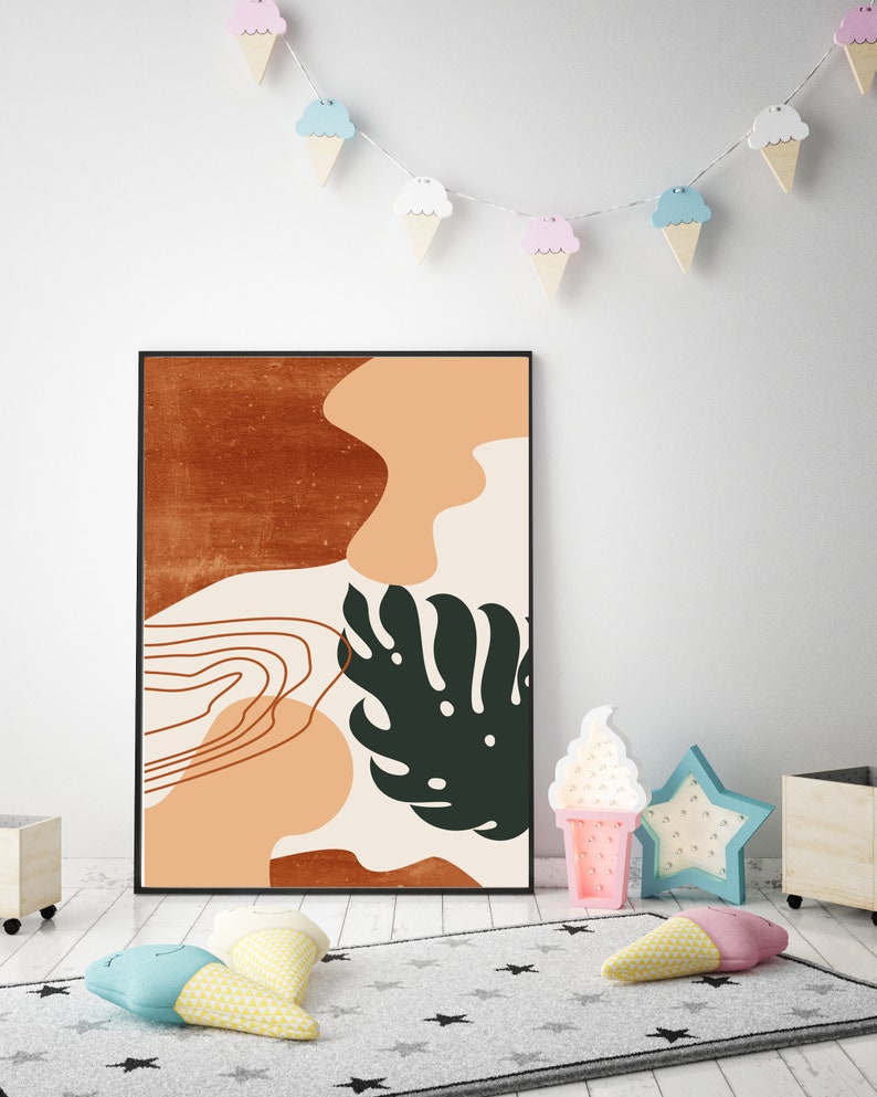Set of 3 mid century modern art Abstract botanical leaves printable wall art terracotta art Burnt orange Boho decor Minimalist art leafs art