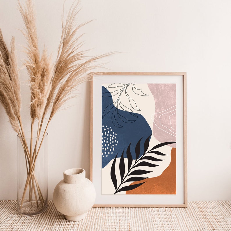 Set of 3 Mid Century Modern Boho Wall Art Abstract Leaves Etsy