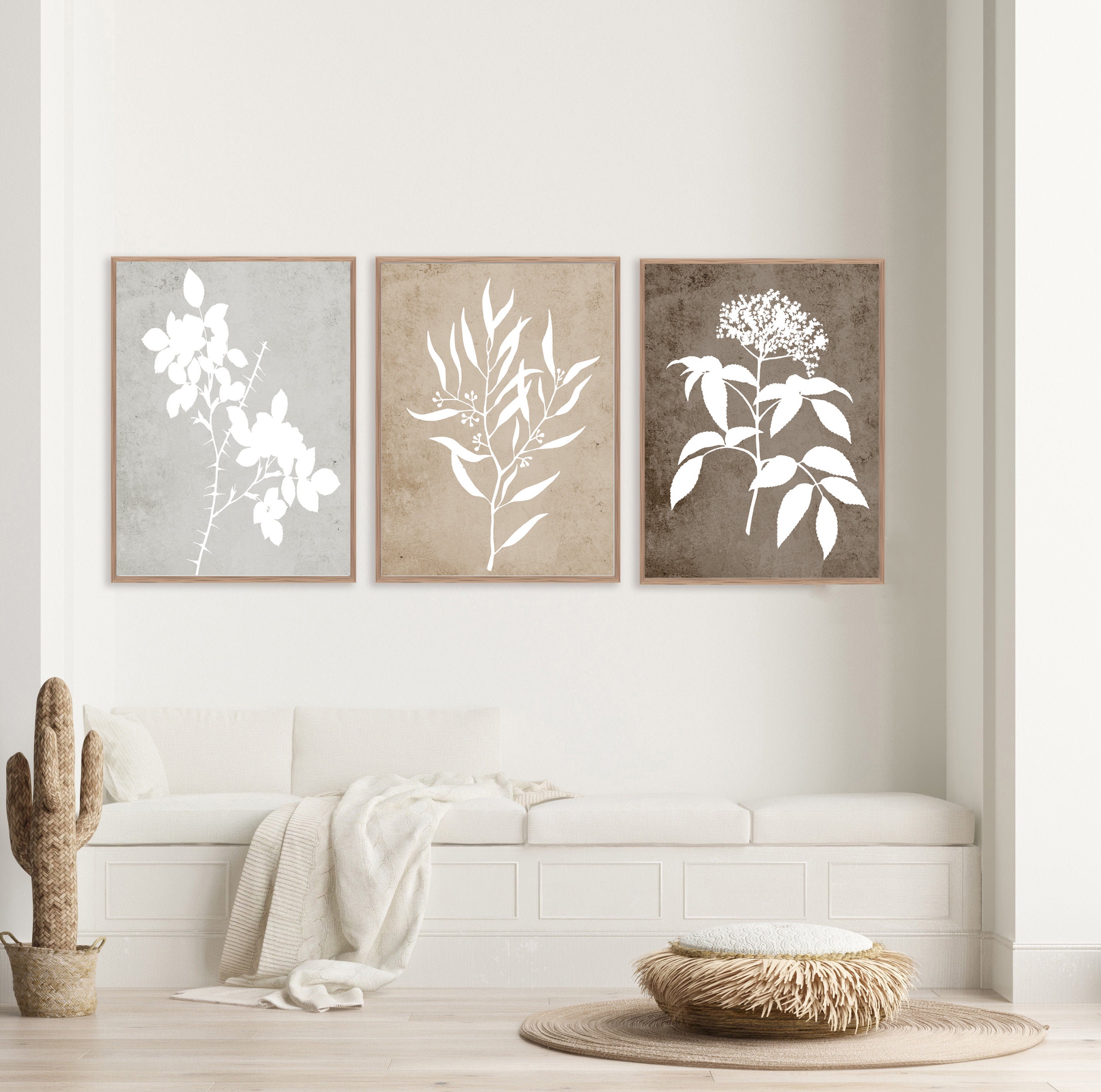Brown Flower Digital Wall Art Set of 3 Abstract Botanical Etsy