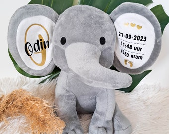 Geboorteknuffel | Olifant | Grijs | Met naam | Geboortedatum | Geboortegewicht | Grijs | Roze | Knuffel | Dieren | Kraamcadeau | Zwanger