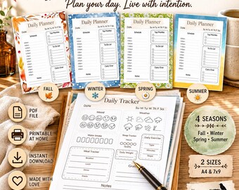 Seasonal Daily Planner & Tracker | Mood, Habit, Wellness (A4 Printable Download)