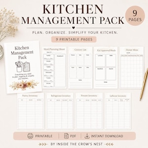Kitchen Management Pack Printable PDF | Meal Planner | Grocery List | Pantry Inventory | Freezer Inventory | Kitchen Organization Binder