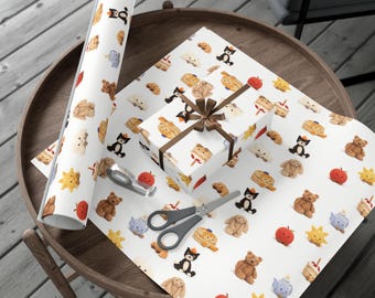 Plush Toy Character Wrapping Paper | Neutral Whimsical Gift Wrap | Cozy Illustrated Party Paper | Jelly Cat Gift Wrap | 29"x144"