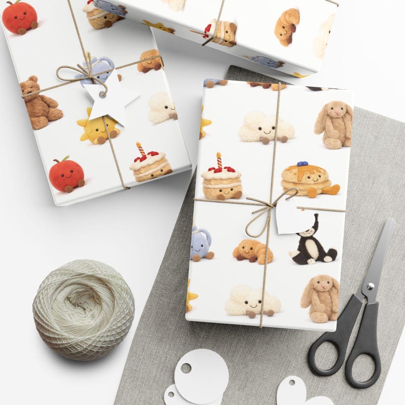 Plush Toy Character Wrapping Paper | Neutral Whimsical Gift Wrap | Cozy Illustrated Party Paper | Jelly Cat Gift Wrap | 29"x144" image 2