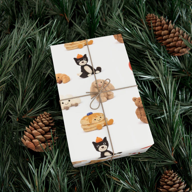 Plush Toy Character Wrapping Paper | Neutral Whimsical Gift Wrap | Cozy Illustrated Party Paper | Jelly Cat Gift Wrap | 29"x144" image 3