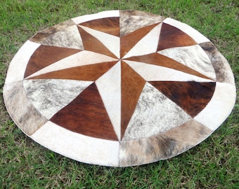 Star Cowhide Rug Cow Hide Skin Carpet Leather Round patchwork S84 area 40" 