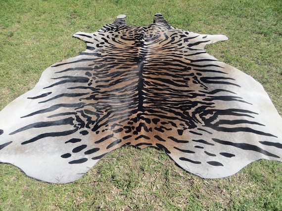 Huuuugeee !! BENGAL TIGER  New REAL cowhide rug Genuine Natural Hair on ! black white beige brown print printed soft large big zebra leopard