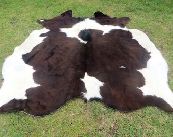 Dark BROWN & WHITE Exotic ! Large ! New chocolate cowhide rug natural hair on - 6x6 ft size approx Tri-color soft hair Carpet Cow hide BC