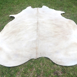 Puede incluir: Una alfombra grande de piel de vaca blanquecina con forma natural. La alfombra tiene un aspecto suave y texturizado y está colocada sobre hierba verde. La piel presenta sutiles variaciones de color, lo que añade a su estética natural. Esta alfombra es adecuada para la decoración del hogar.