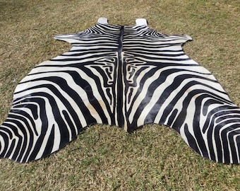 New ZEBRA printed cowhide rug Genuine Natural Hair on !! - LARGE !! black white beige brown  print printed soft  -ZbL