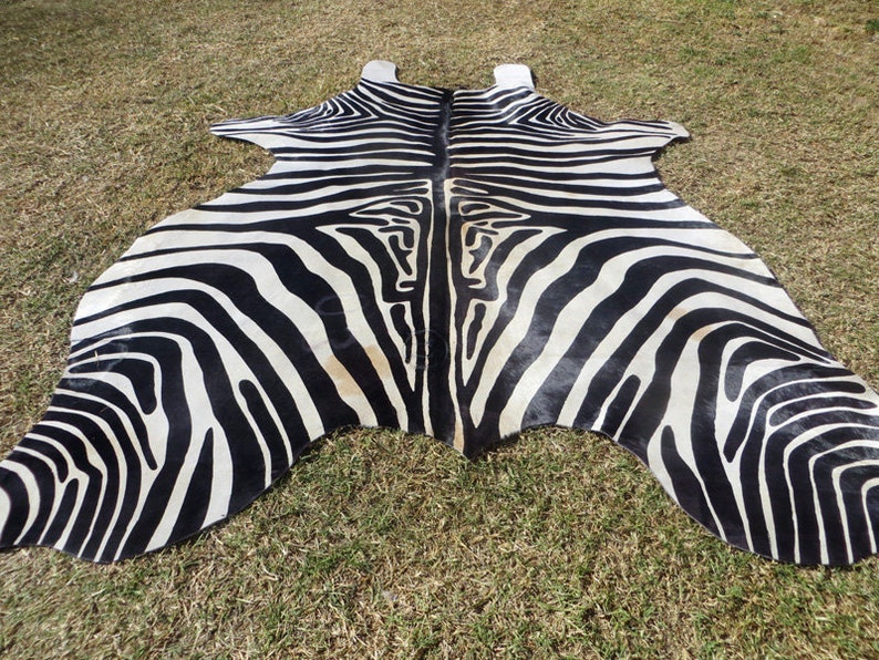 New ZEBRA printed cowhide rug Genuine Natural Hair on !! - LARGE !! black white beige brown  print printed soft  -ZbL 