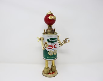 Robot Sculpture Cheers - Found Object Robot - Upcycled Labatt 50 Can- Assemblage Sculpture