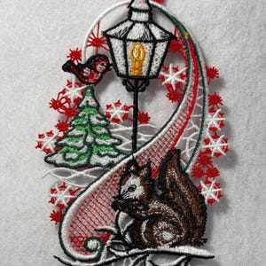 Winter Squirrel Sun Catcher (Free Standing Lace - A Finished Embroidery product, not a design file or pattern)