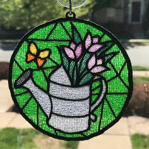 Watering Can Sun Catcher (Free Standing Lace - A Finished Embroidery product, not a design file or pattern)